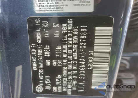 2015 Kia Optima Ex из США, поврежденный, VIN 5XXGN4A75FG378891